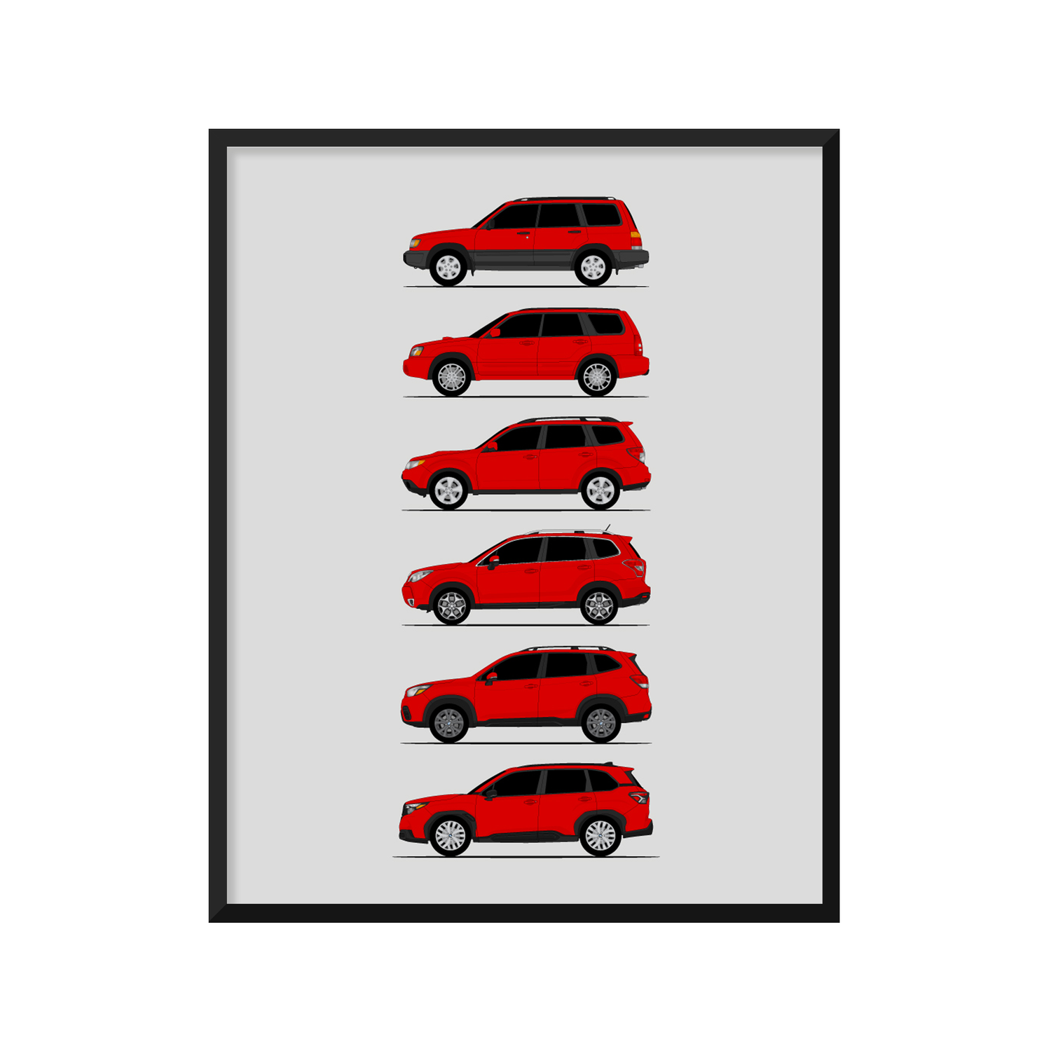 Subaru Forester Generations History and Evolution Poster (Side Profile)