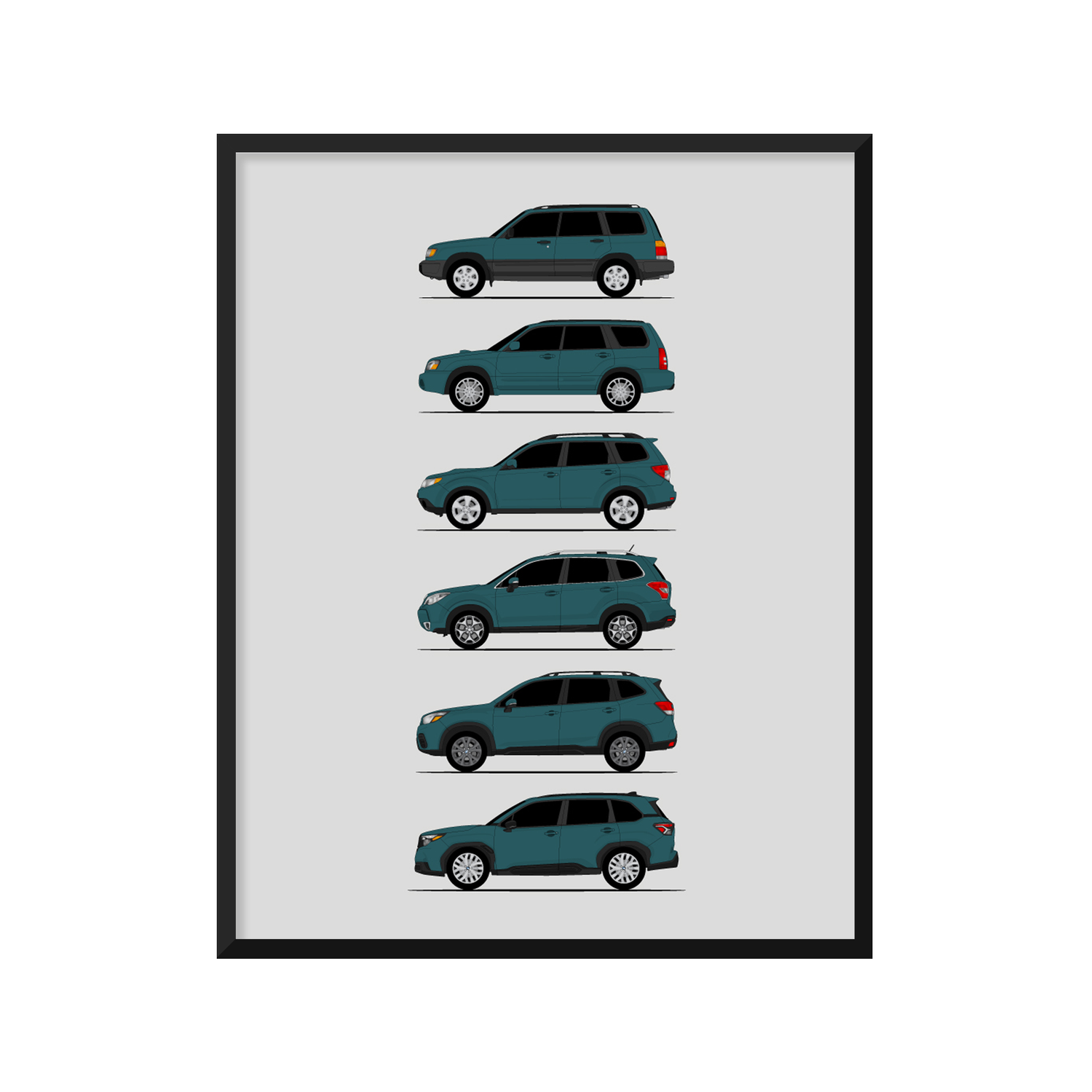 Subaru Forester Generations History and Evolution Poster (Side Profile)