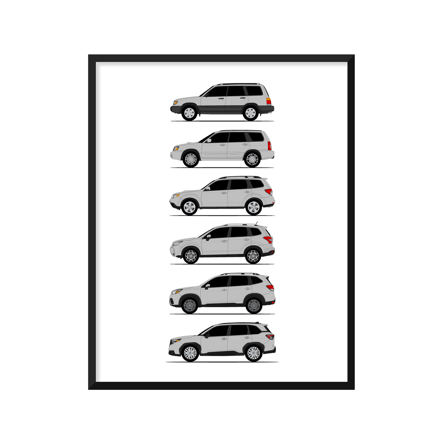 Subaru Forester Generations History and Evolution Poster (Side Profile)