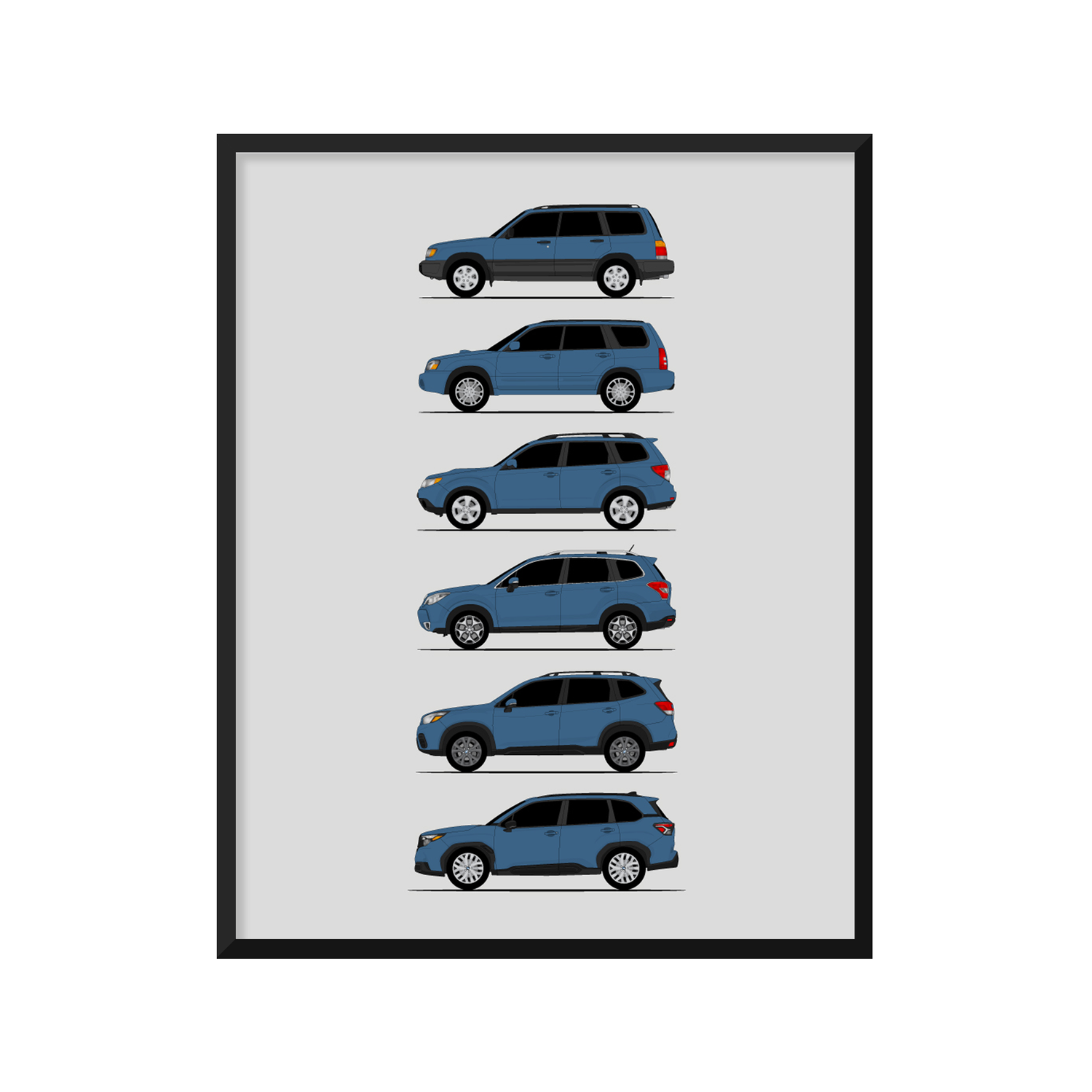 Subaru Forester Generations History and Evolution Poster (Side Profile)