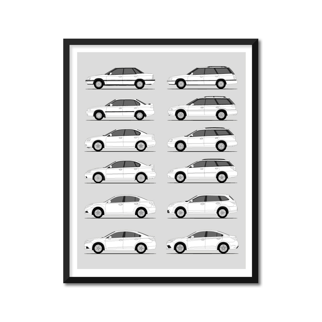 Subaru Legacy Generations History and Evolution Poster (Side Profile)