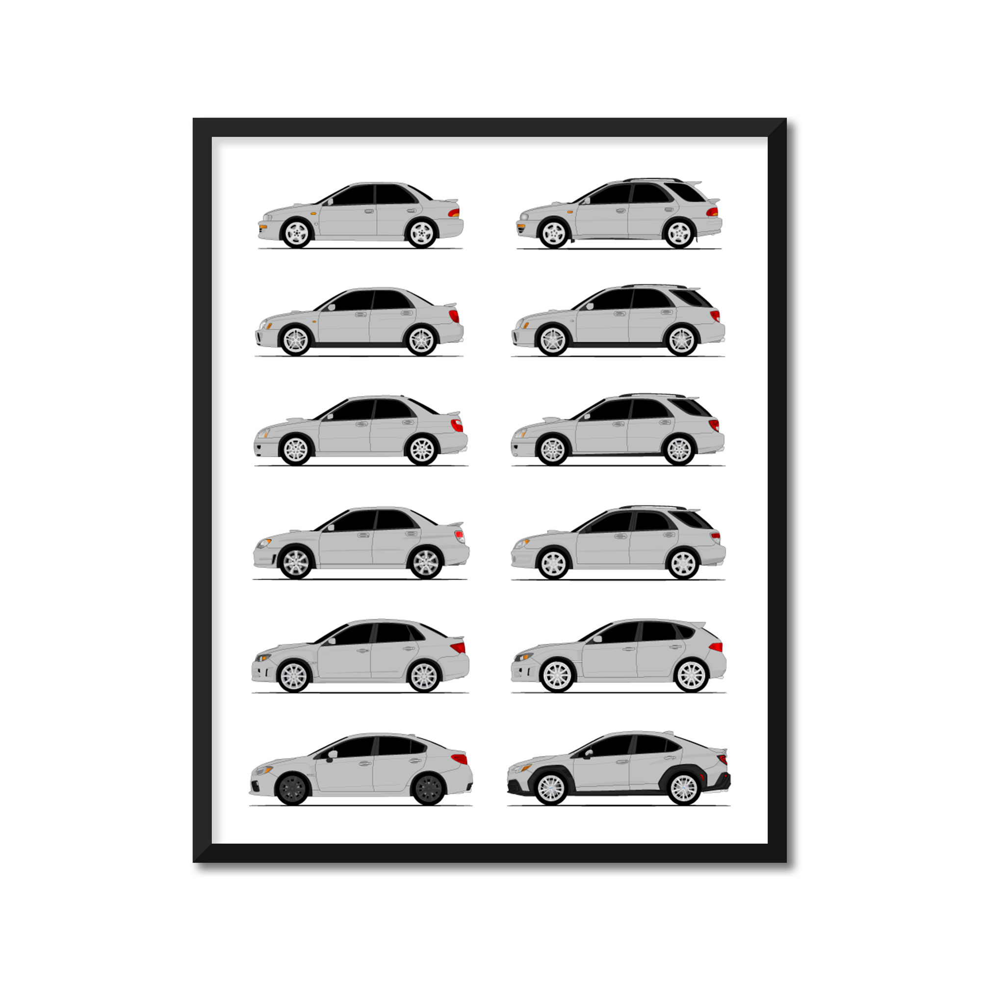 Subaru WRX Generations History and Evolution Poster (Side Profile)