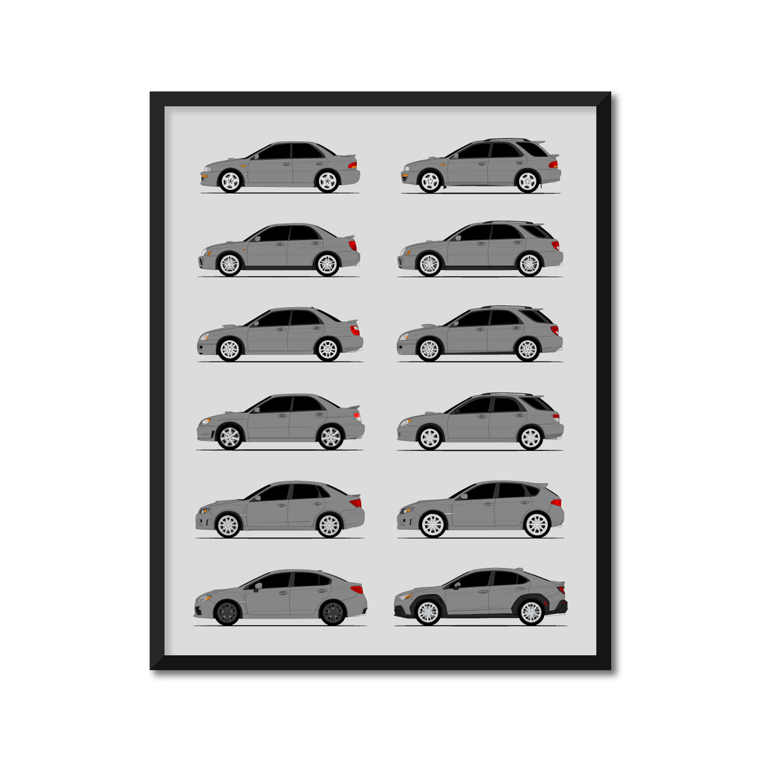 Subaru WRX Generations History and Evolution Poster (Side Profile)
