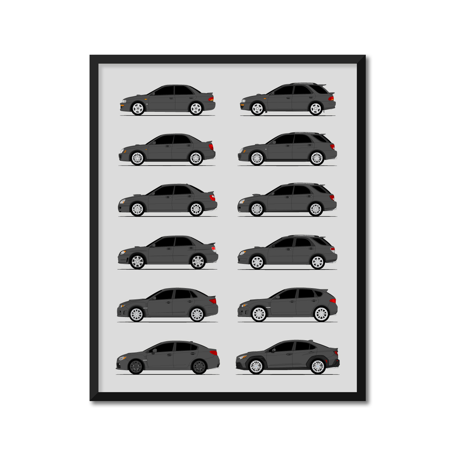Subaru WRX Generations History and Evolution Poster (Side Profile)