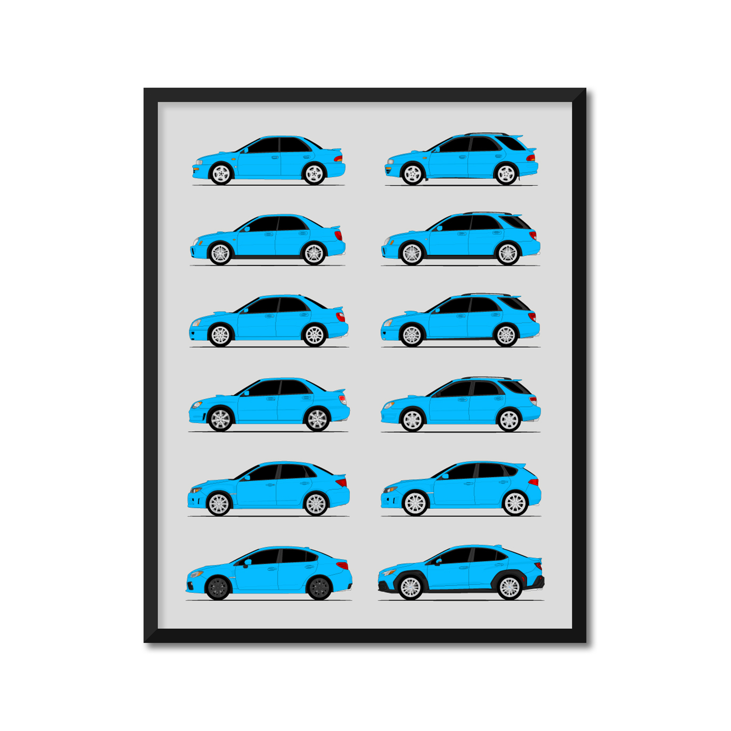 Subaru WRX Generations History and Evolution Poster (Side Profile)