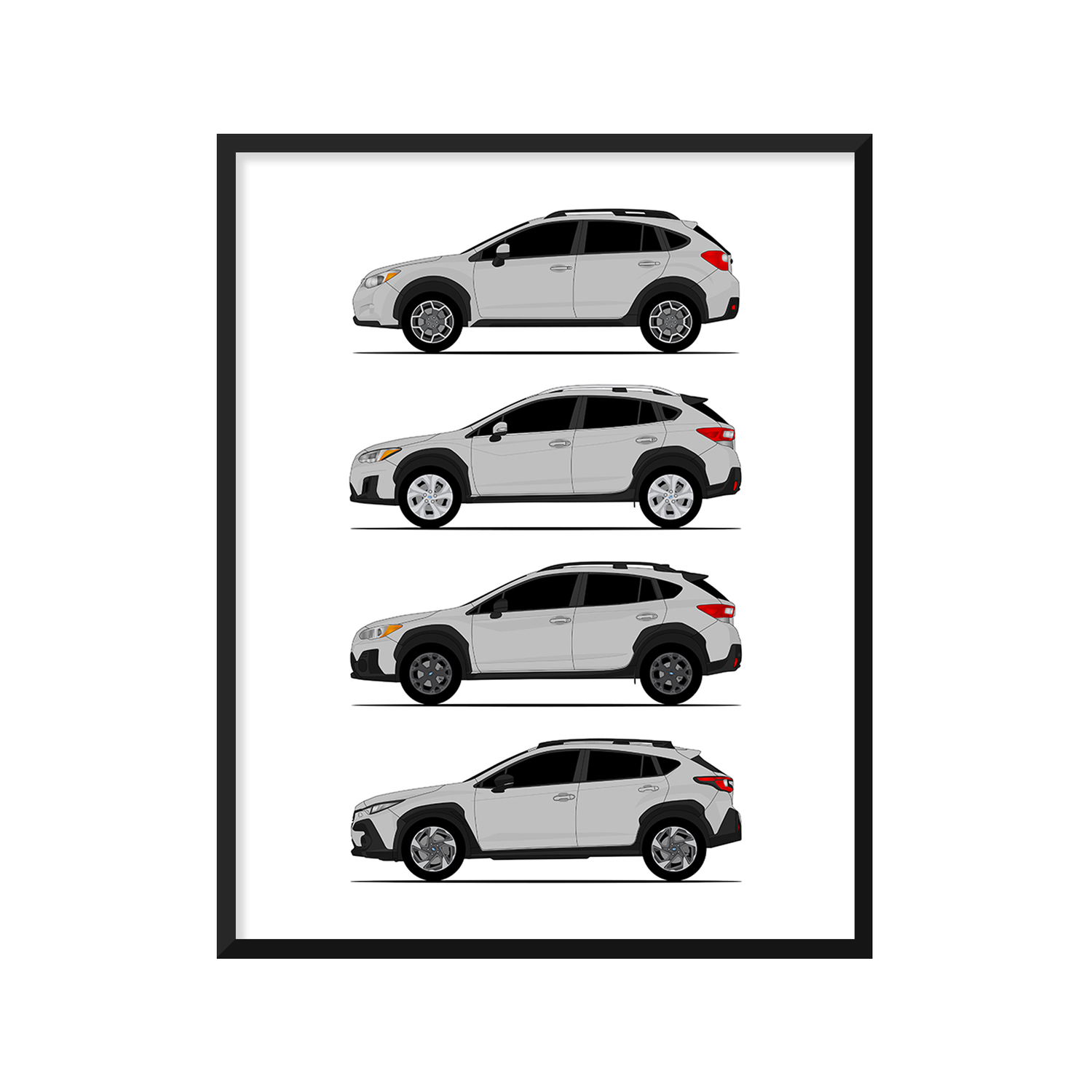 Subaru Crosstrek Generations History and Evolution Poster (Side Profile)