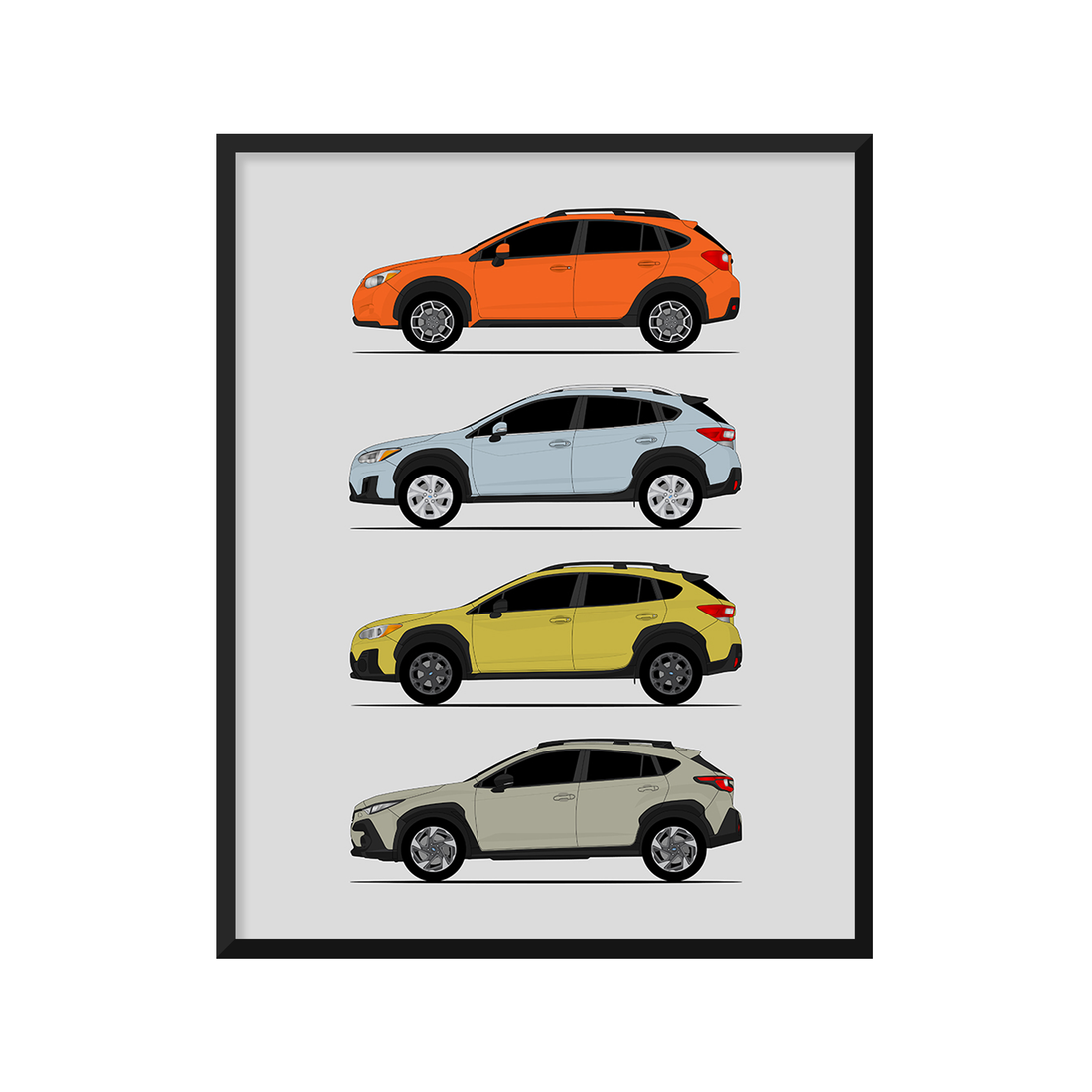 Subaru Crosstrek Generations History and Evolution Poster (Side Profile)