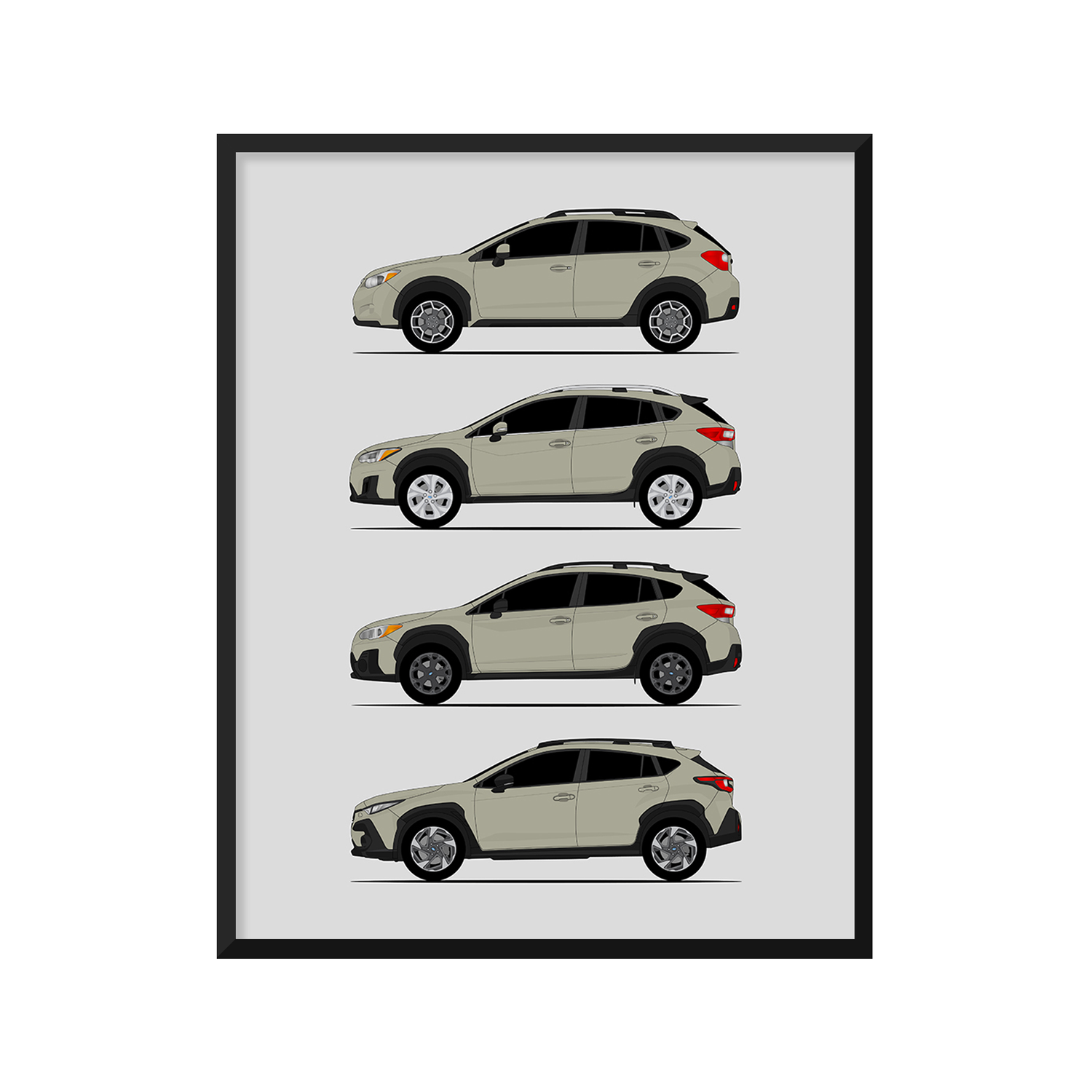Subaru Crosstrek Generations History and Evolution Poster (Side Profile)