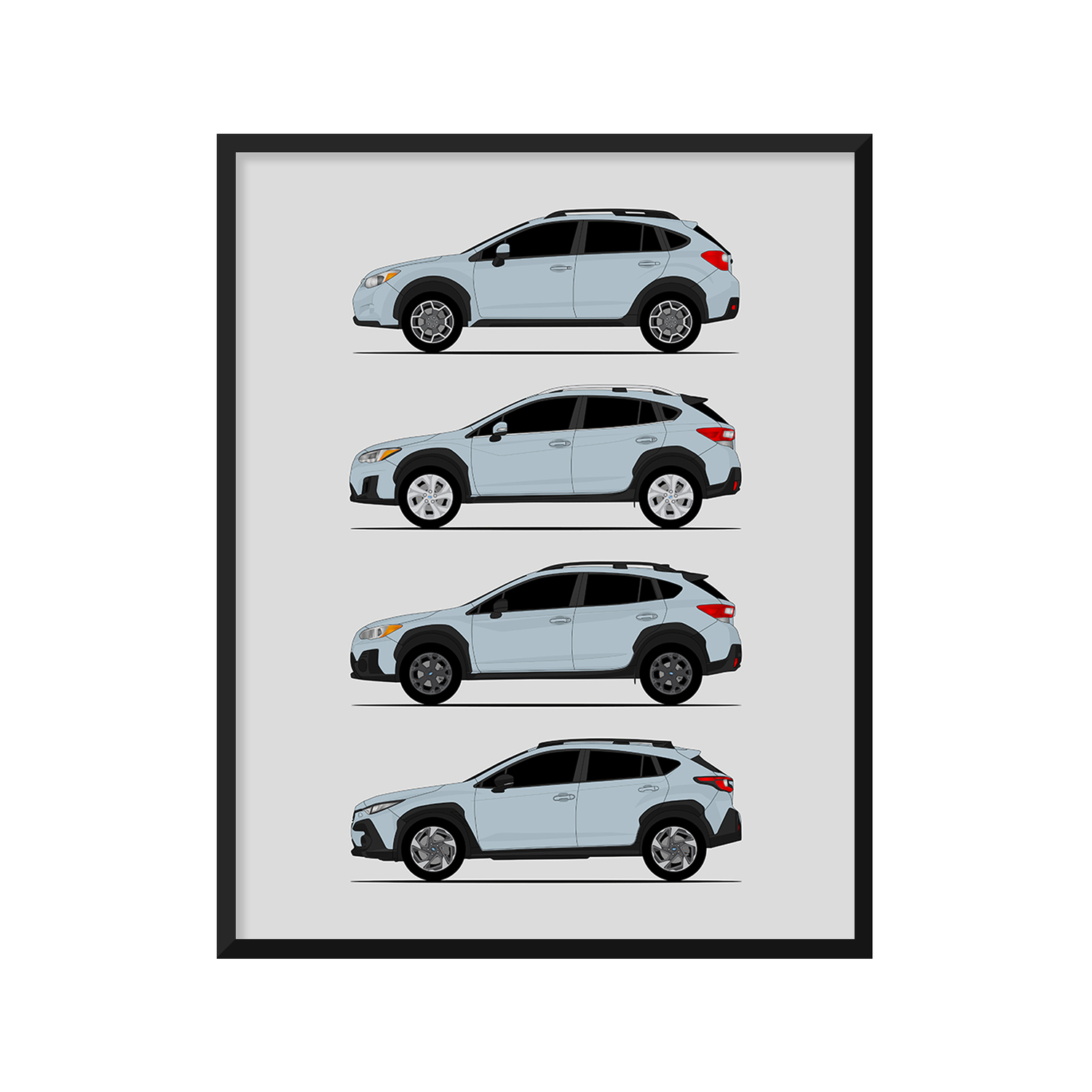 Subaru Crosstrek Generations History and Evolution Poster (Side Profile)