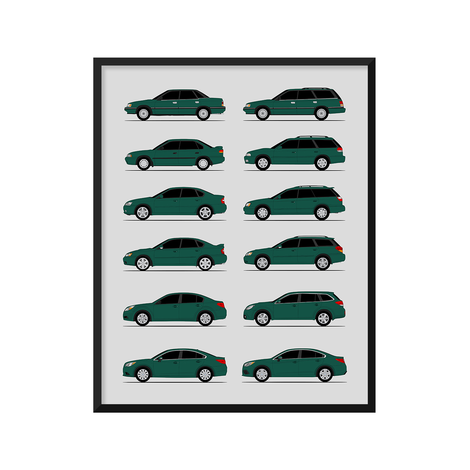 Subaru Legacy Generations History and Evolution Poster (Side Profile)