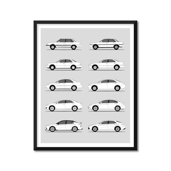Toyota Camry Generations History and Evolution Poster (Side Profile)