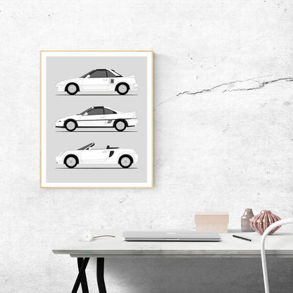 Toyota MR2 Generations History and Evolution Poster (Side Profile)