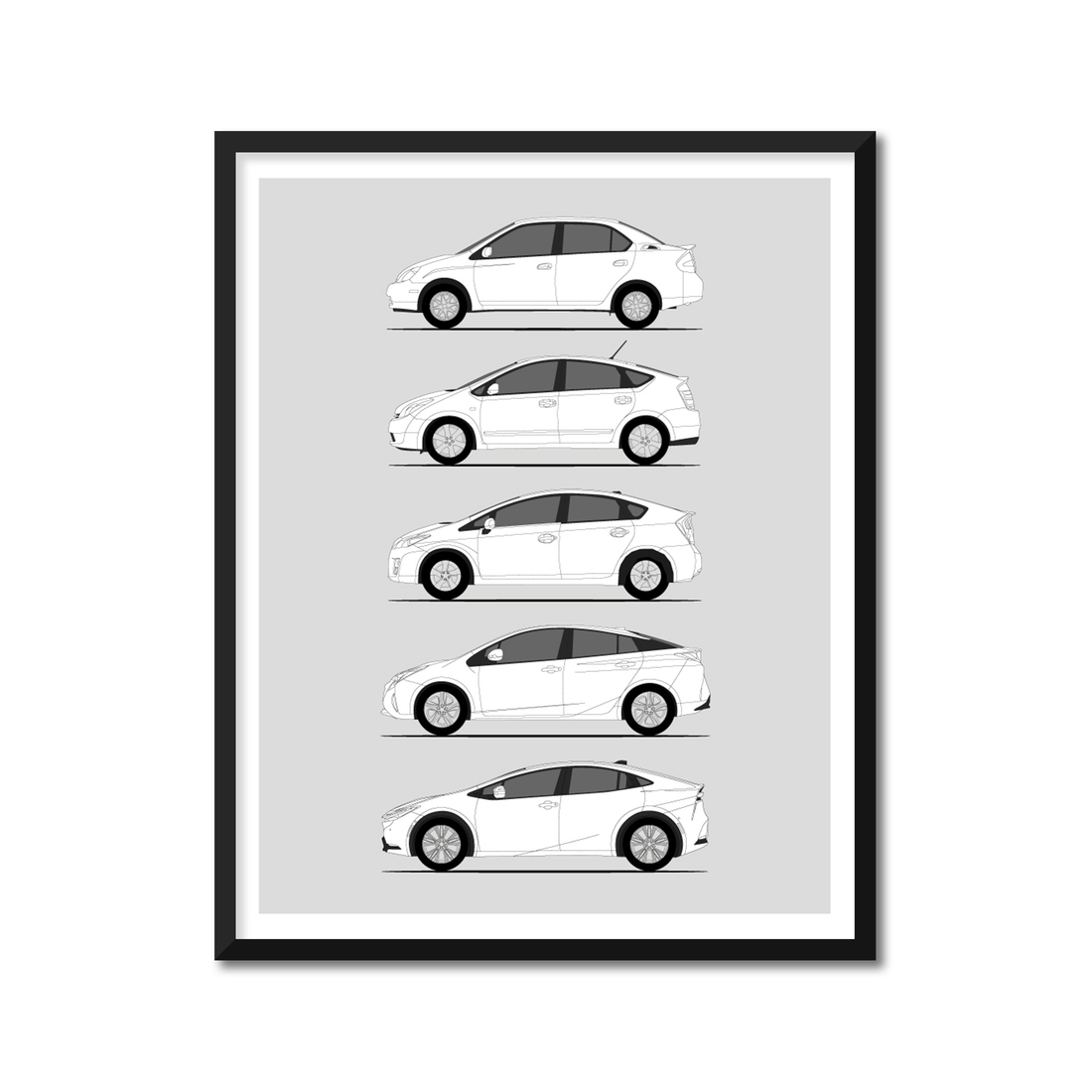 Toyota Prius Generations History and Evolution Poster (Side Profile)