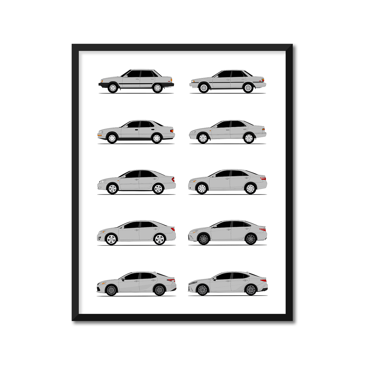 Toyota Camry Generations History and Evolution Poster (Side Profile)