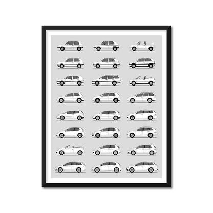 Volkswagen Golf (Rabbit) Generations History and Evolution Poster (Side Profile)