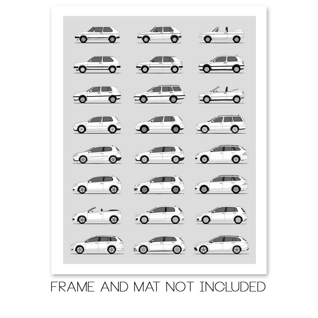 Volkswagen Golf (Rabbit) Generations History and Evolution Poster (Side Profile)