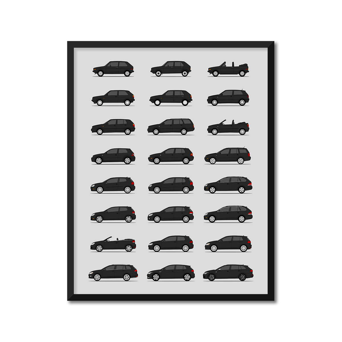 Volkswagen Golf (Rabbit) Generations History and Evolution Poster (Side Profile)