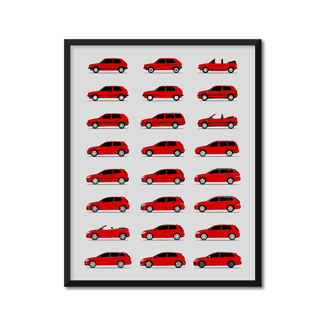 Volkswagen Golf (Rabbit) Generations History and Evolution Poster (Side Profile)