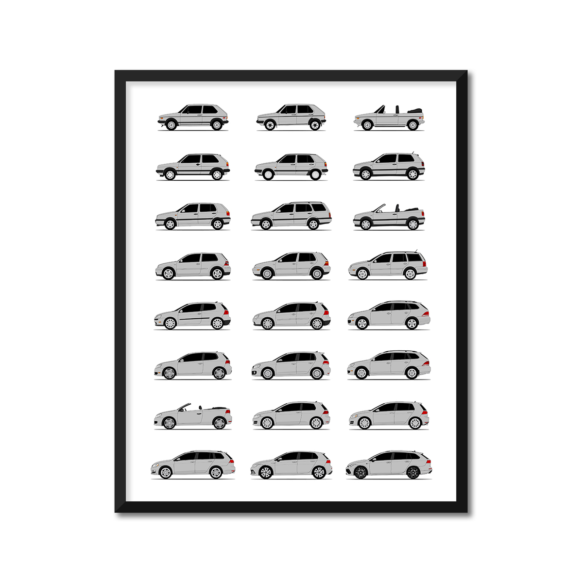 Volkswagen Golf (Rabbit) Generations History and Evolution Poster (Side Profile)