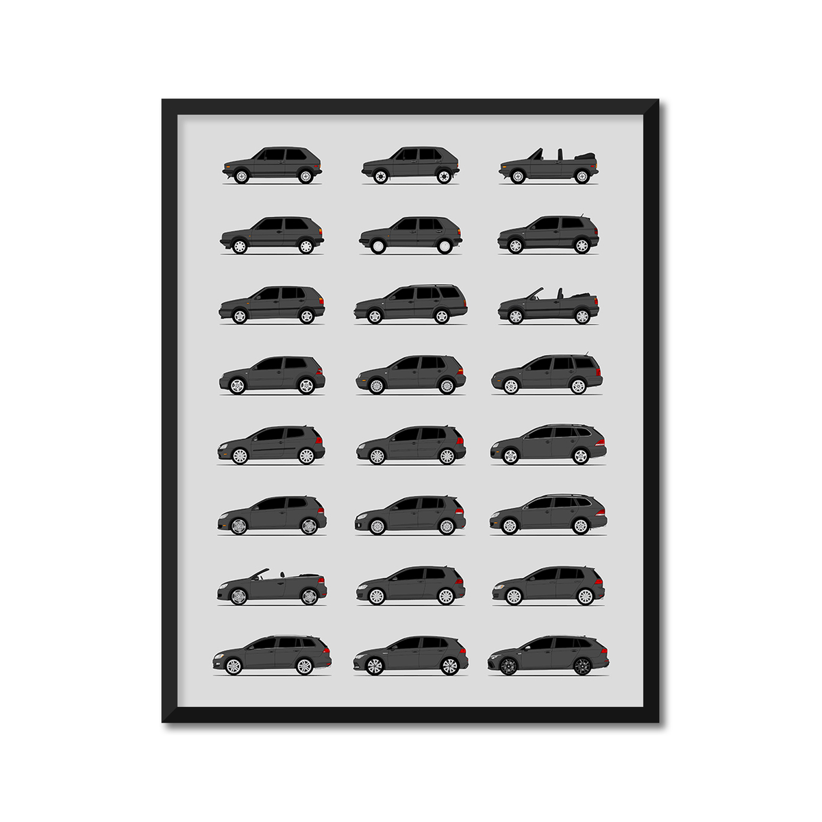 Volkswagen Golf (Rabbit) Generations History and Evolution Poster (Side Profile)