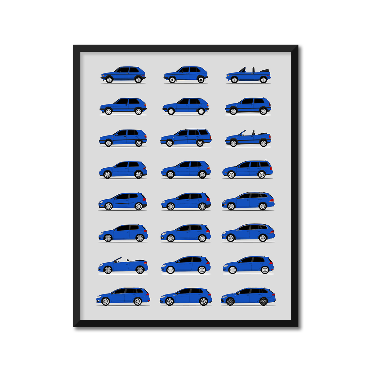 Volkswagen Golf (Rabbit) Generations History and Evolution Poster (Side Profile)