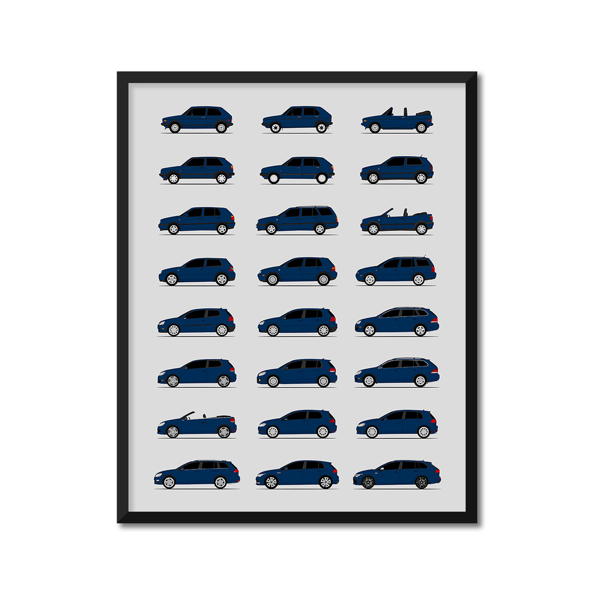 Volkswagen Golf (Rabbit) Generations History and Evolution Poster (Side Profile)