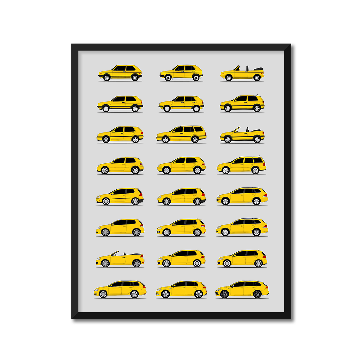 Volkswagen Golf (Rabbit) Generations History and Evolution Poster (Side Profile)