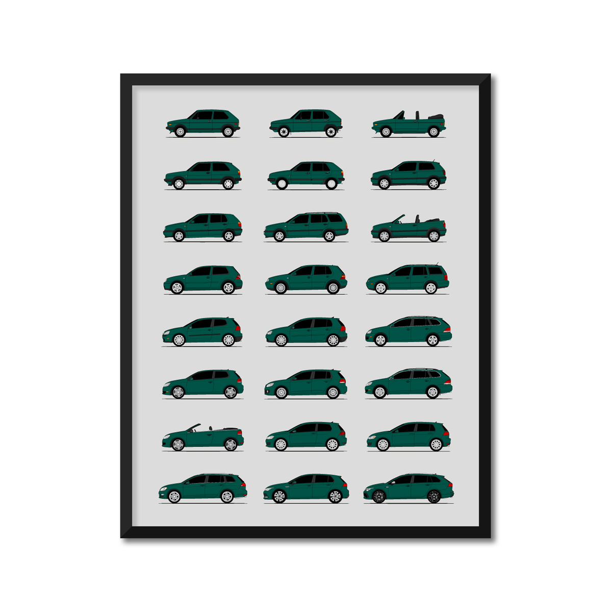 Volkswagen Golf (Rabbit) Generations History and Evolution Poster (Side Profile)