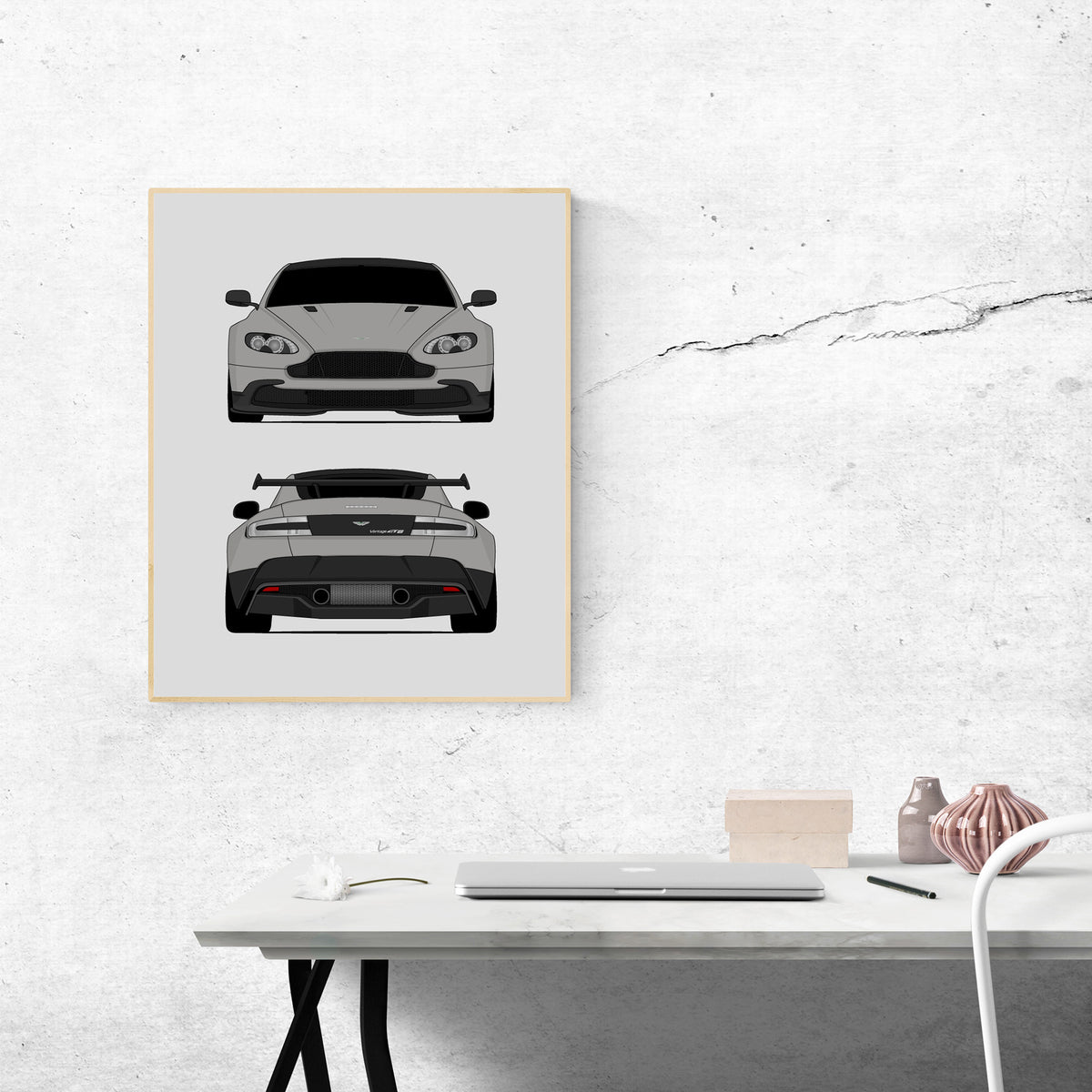 Aston Martin Vantage GT8 (2016-2017) (Front and Rear) car poster wall art above a desk