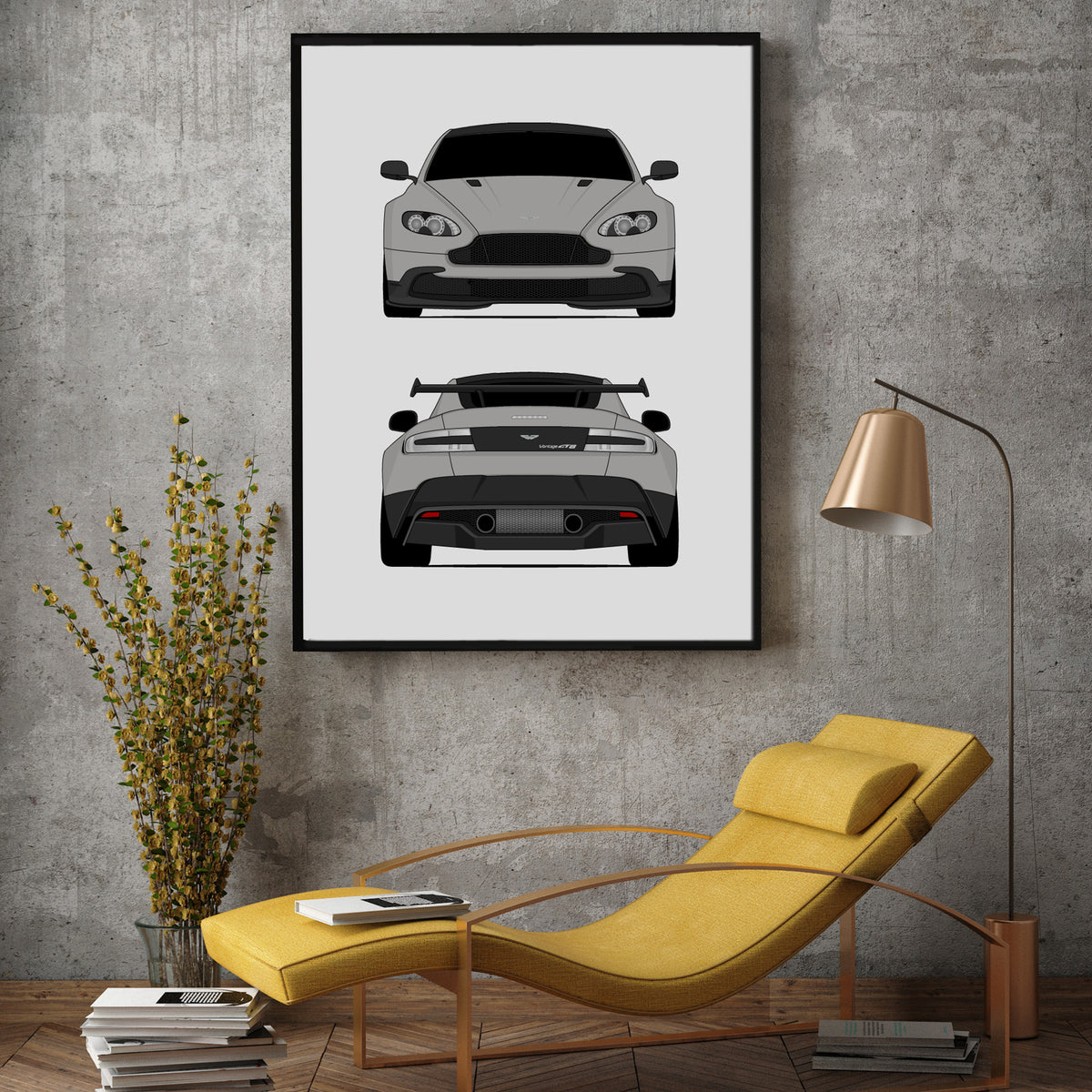 Aston Martin Vantage GT8 (2016-2017) (Front and Rear) car poster wall art above a yellow lounge chair