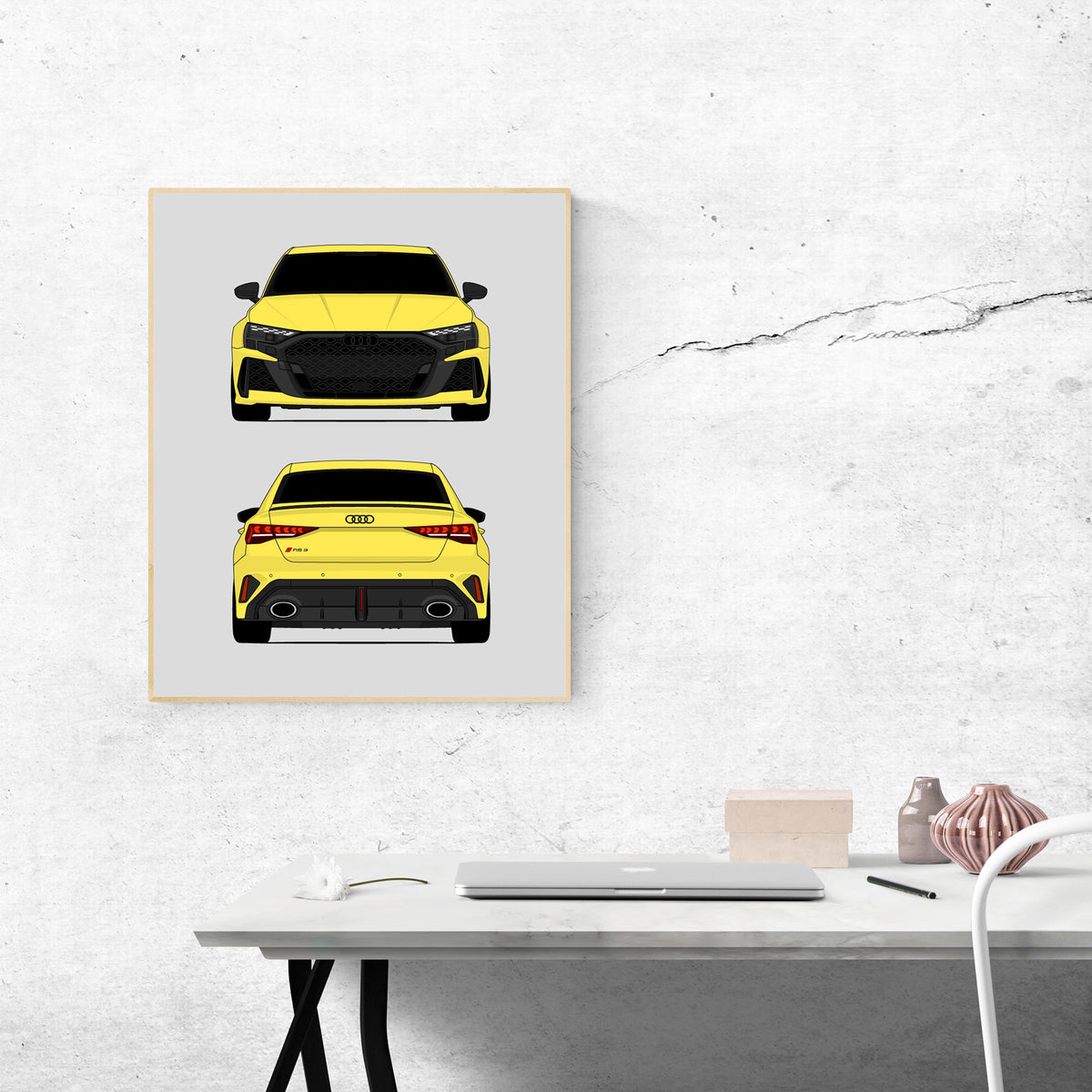 Audi RS3 (2025-Present) (Front and Rear) car poster wall art above a desk