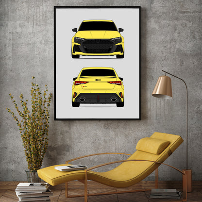Audi RS3 (2025-Present) (Front and Rear) car poster wall art above a yellow lounge chair