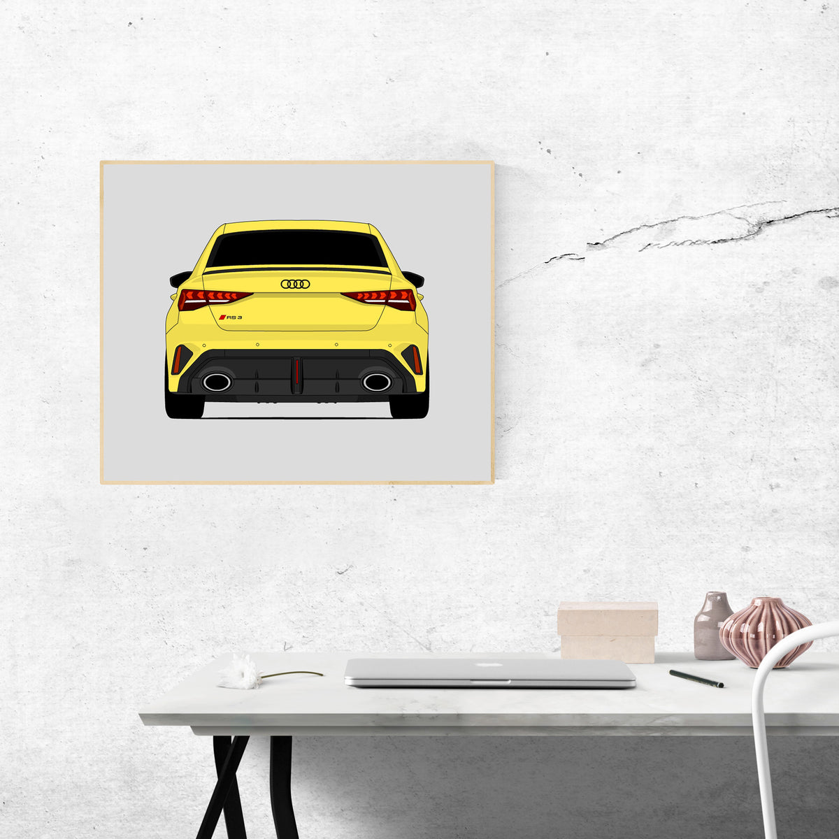Audi RS3 (2025-Present) (Rear) car poster wall art above a desk