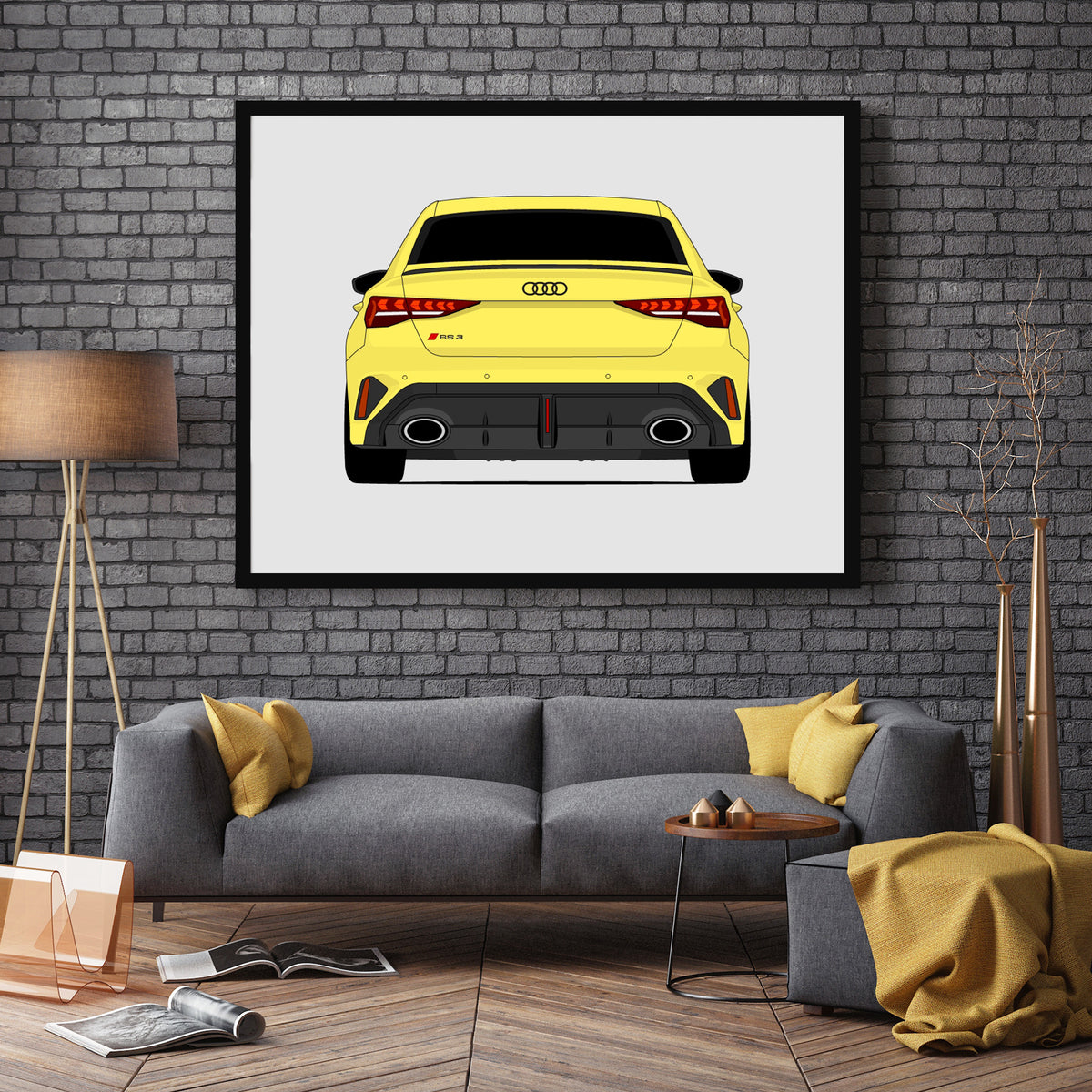 Audi RS3 (2025-Present) (Rear) car poster wall art in a dark grey living room