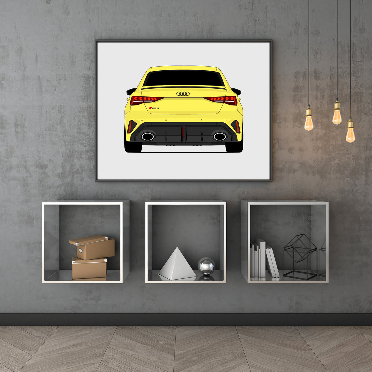 Audi RS3 (2025-Present) (Rear) car poster wall art above shelves