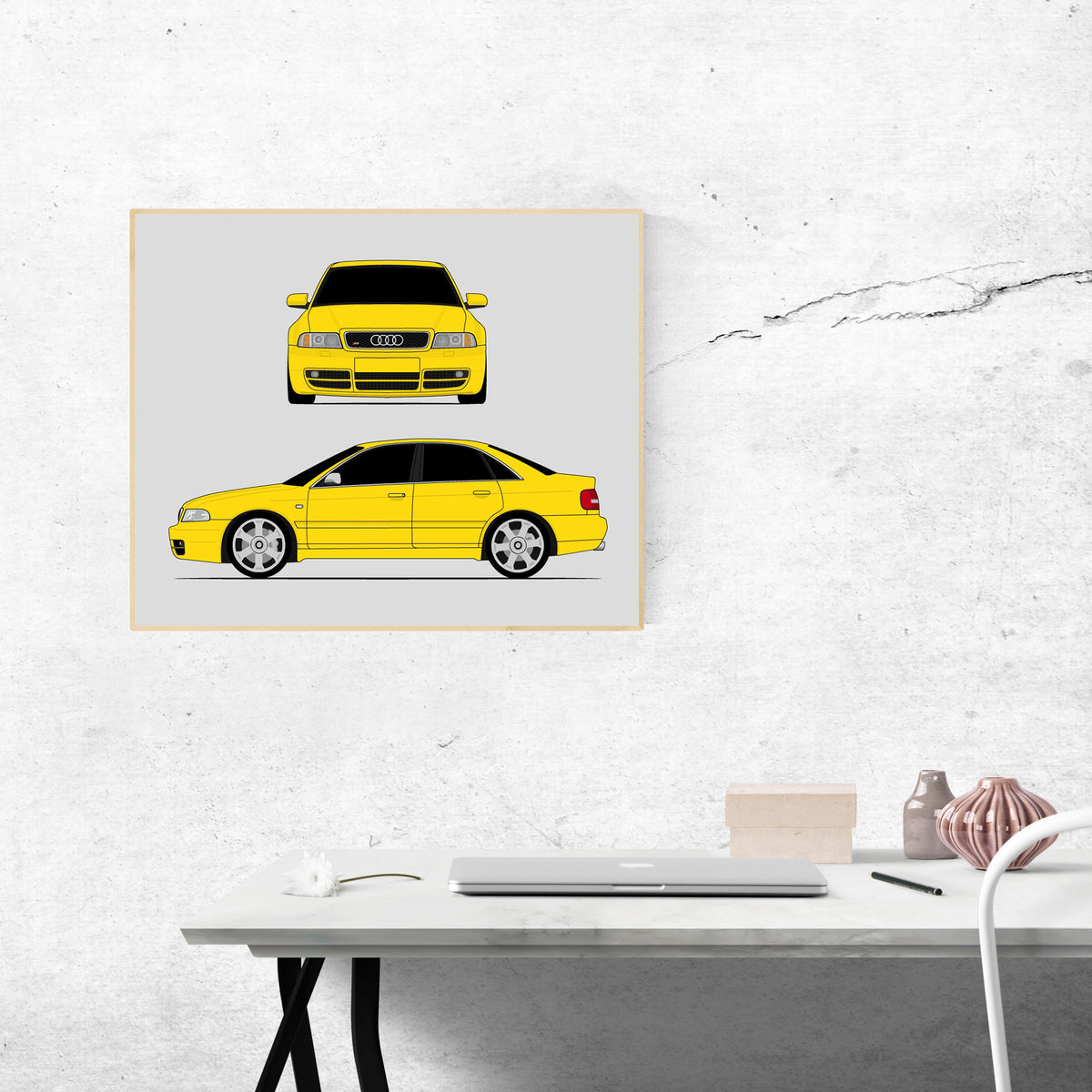 Audi S4 (1997-2002) B5 (Front and Side) car poster wall art above a desk