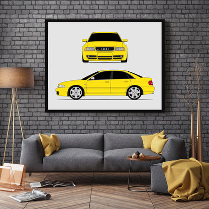 Audi S4 (1997-2002) B5 (Front and Side) car poster wall art in a dark grey living room