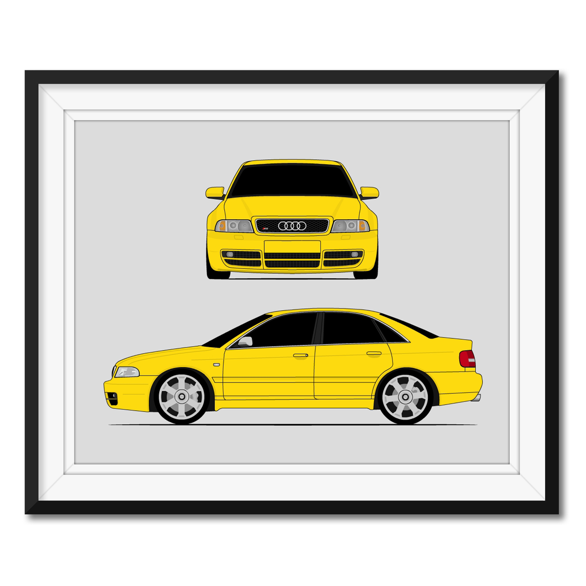 Audi S4 (1997-2002) B5 (Front and Side) framed car poster with mat