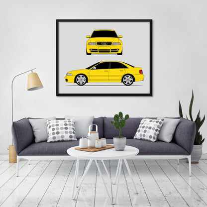 Audi S4 (1997-2002) B5 (Front and Side) car poster wall art in a light living room
