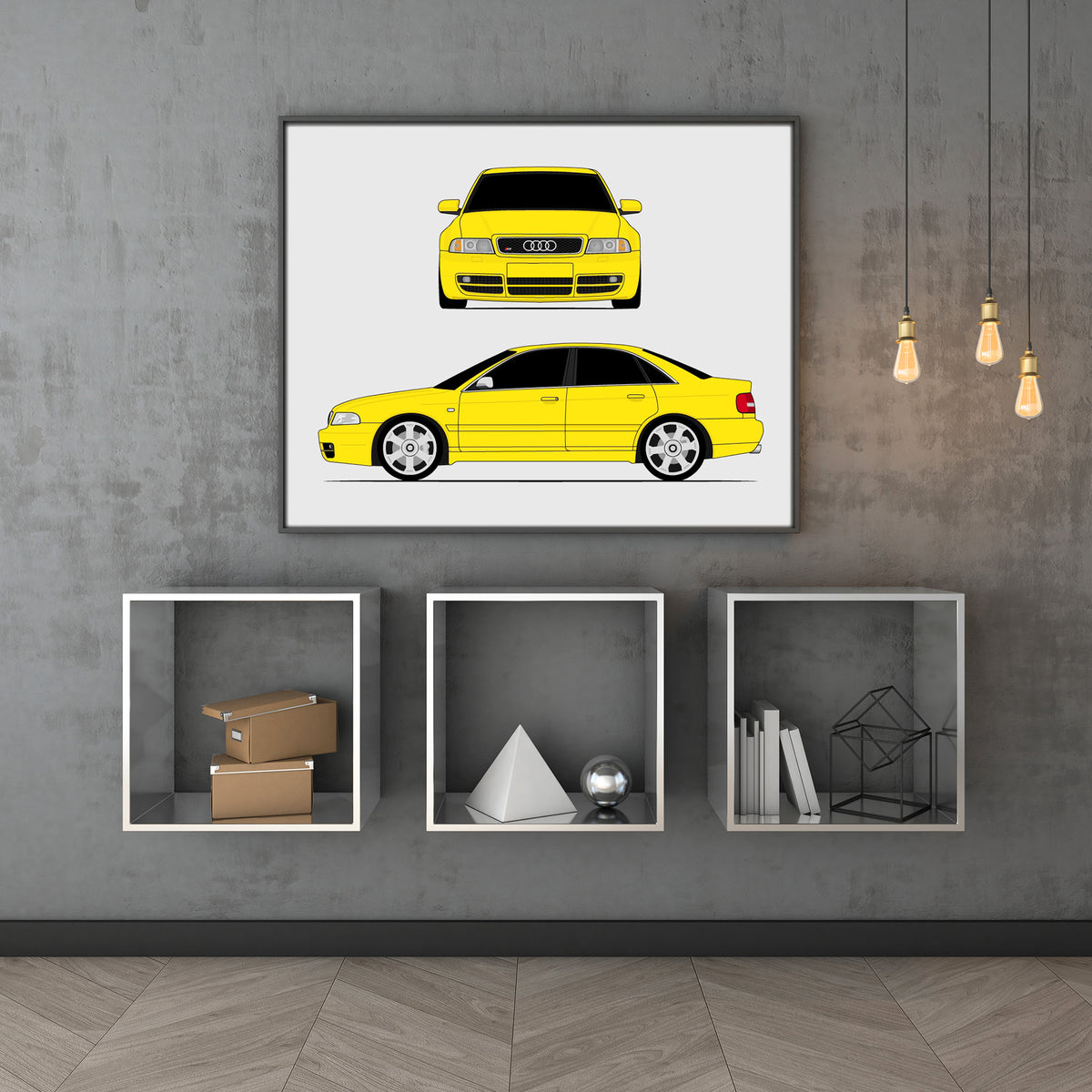 Audi S4 (1997-2002) B5 (Front and Side) car poster wall art above shelves