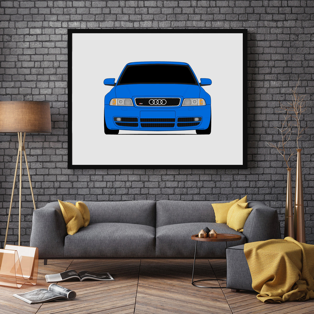 Audi S4 (1997-2002) B5 car poster wall art in a dark grey living room