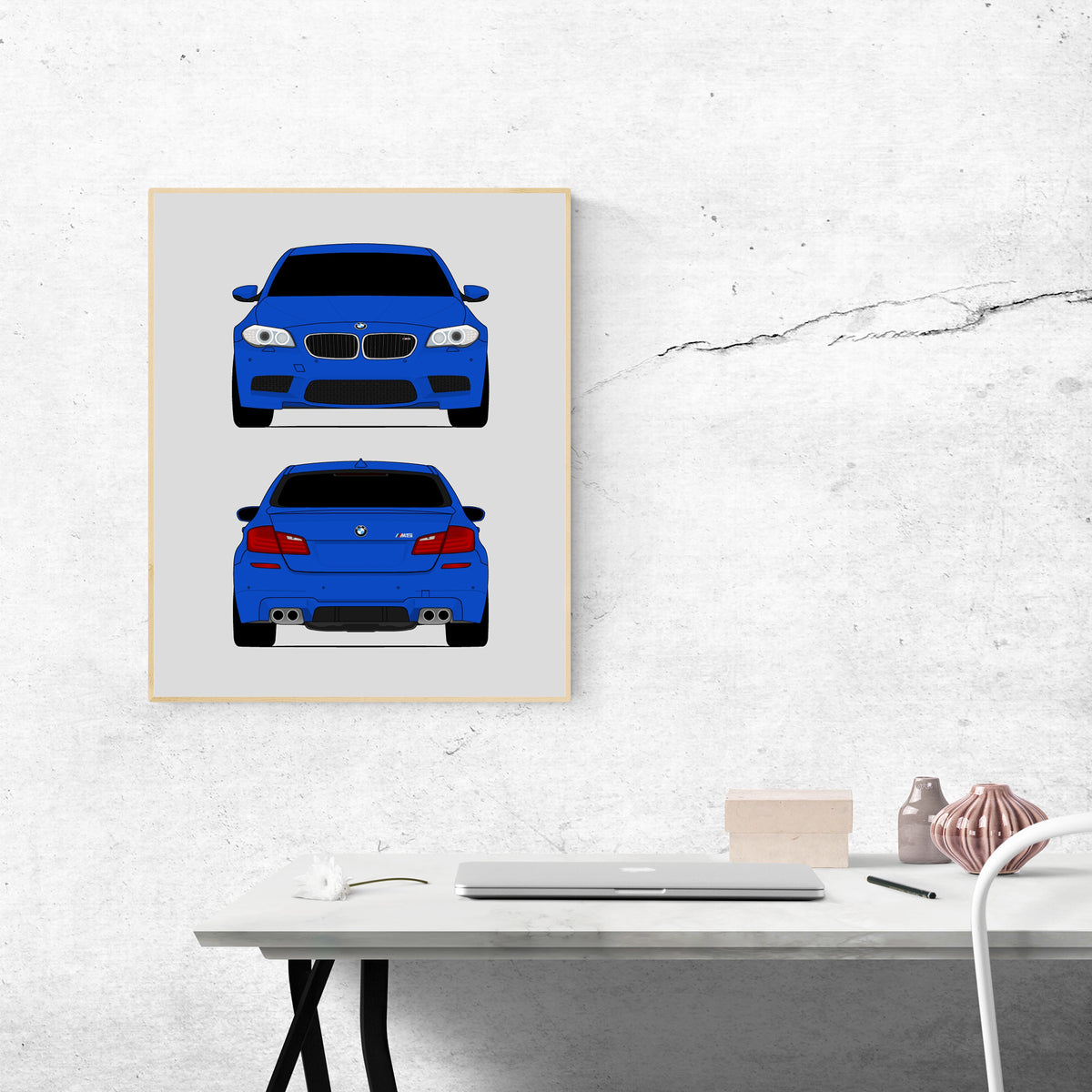 BMW M5 (2011-2016) F10 (Front and Rear) car poster wall art above a desk