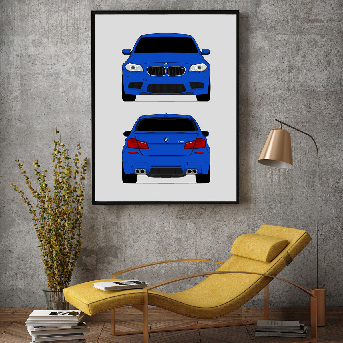 BMW M5 (2011-2016) F10 (Front and Rear) car poster wall art above a yellow lounge chair