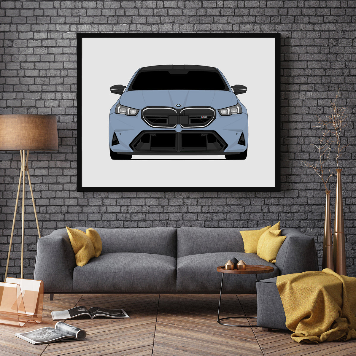BMW M5 (2025-Present) G90 car poster wall art in a dark grey living room
