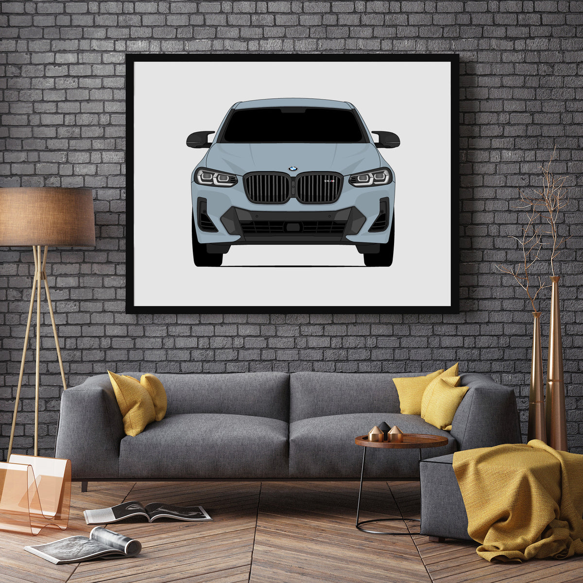 BMW X4 M (2022-2025) G02 car poster wall art in a dark grey living room