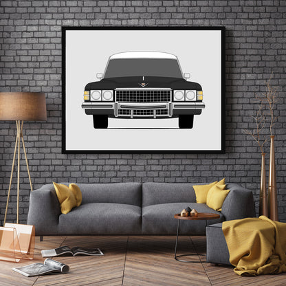 Cadillac Hearse (1971-1976) car poster wall art in a dark grey living room