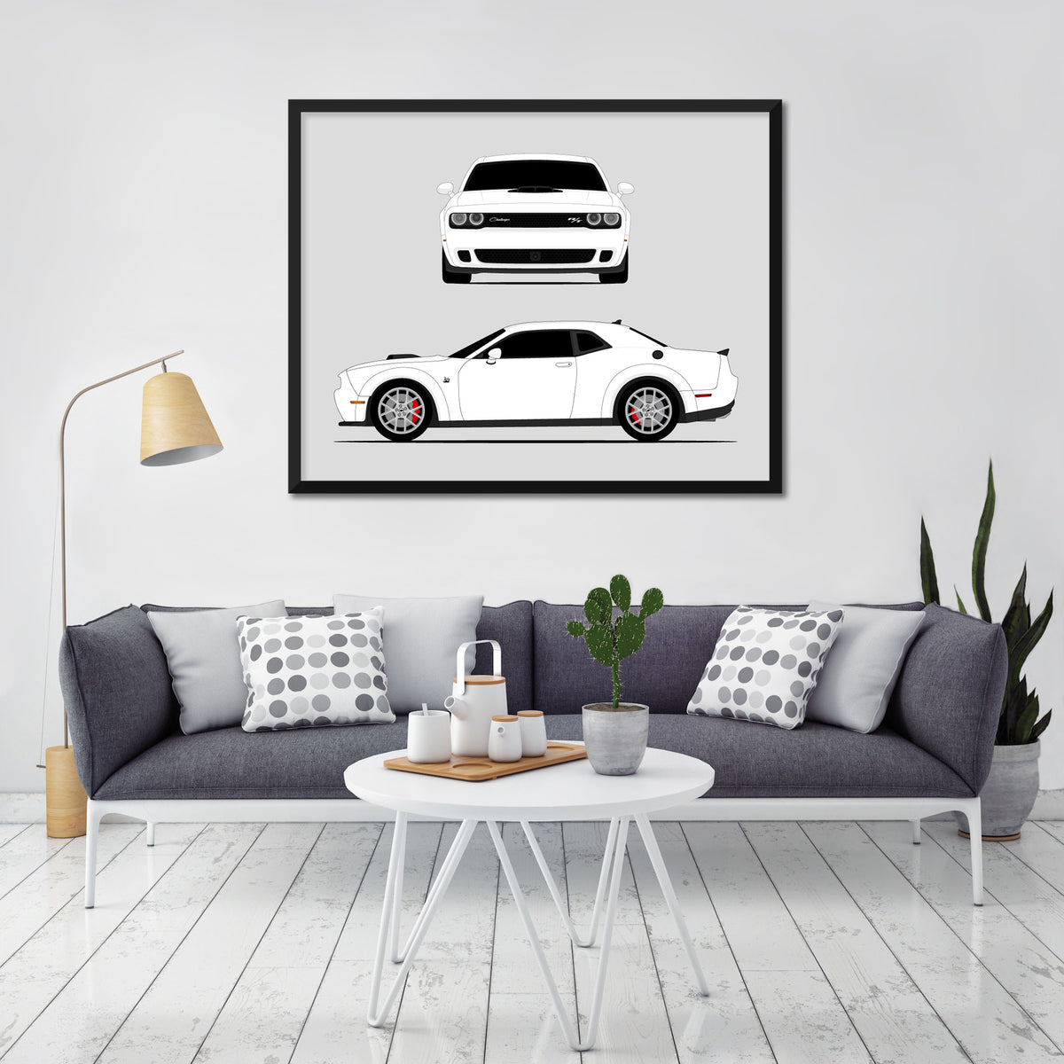 Dodge Challenger SRT Hellcat (2019-2023) car poster wall art in a light living room