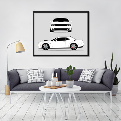 Dodge Challenger SRT Hellcat (2019-2023) car poster wall art in a light living room