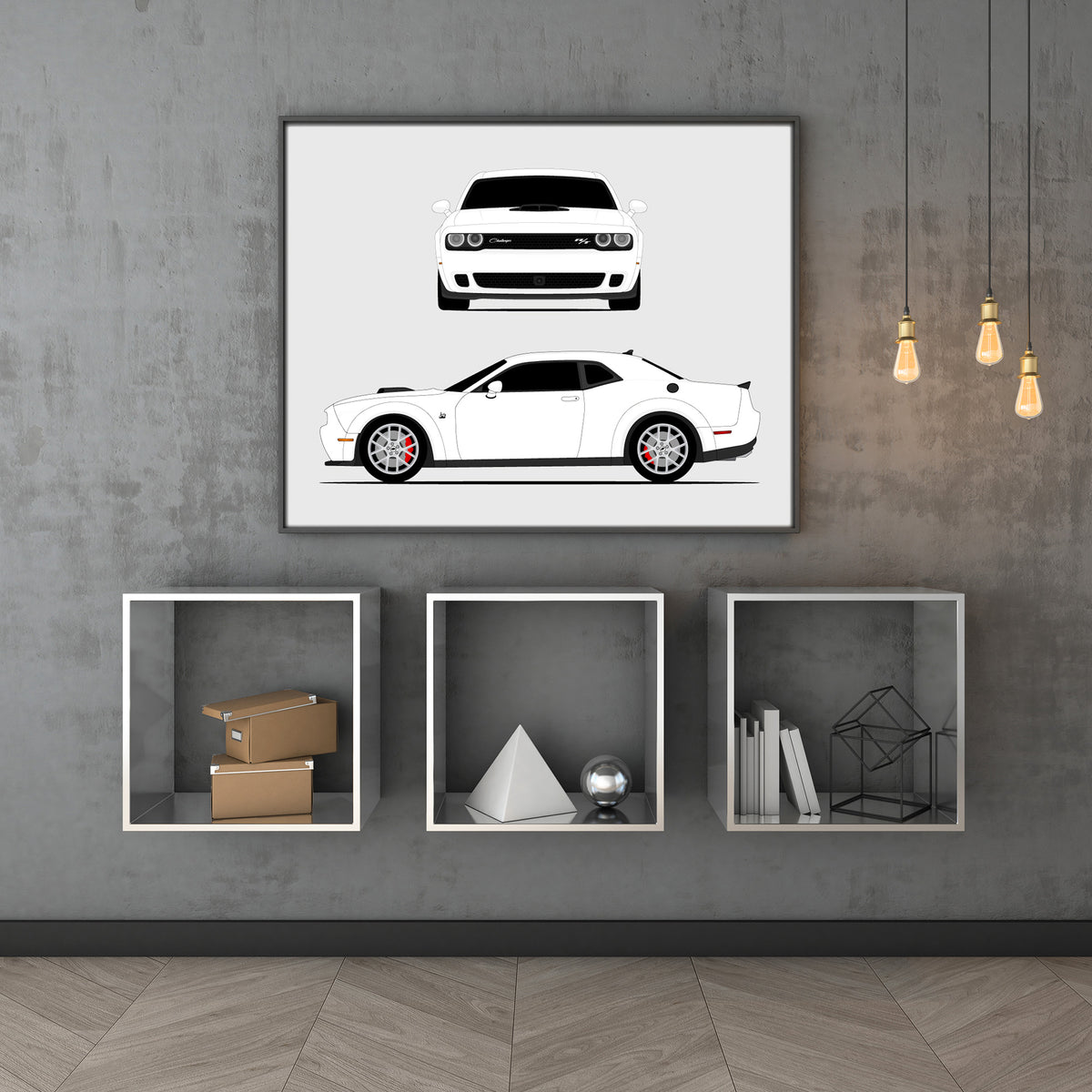 Dodge Challenger SRT Hellcat (2019-2023) car poster wall art above shelves