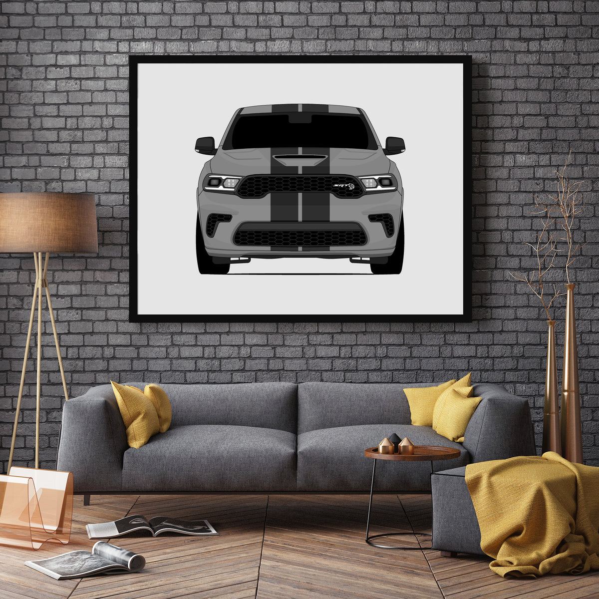 Dodge Durango SRT Hellcat (2021-Present) car poster wall art in a dark grey living room